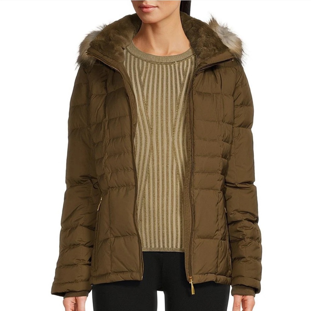 NWT Donna Karan Down Faux Fur Hooded Puffer Coat - S